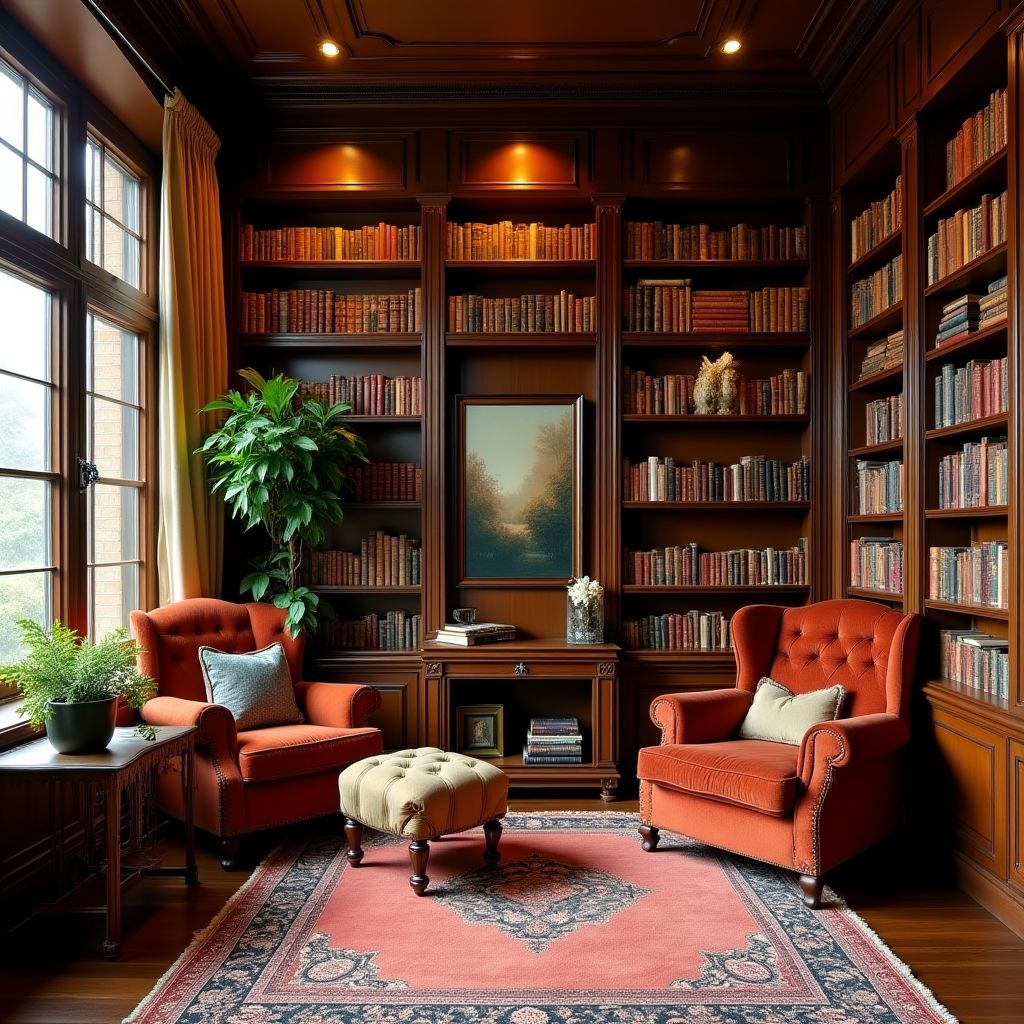 Notre salon de lecture avec bibliothèques anciennes