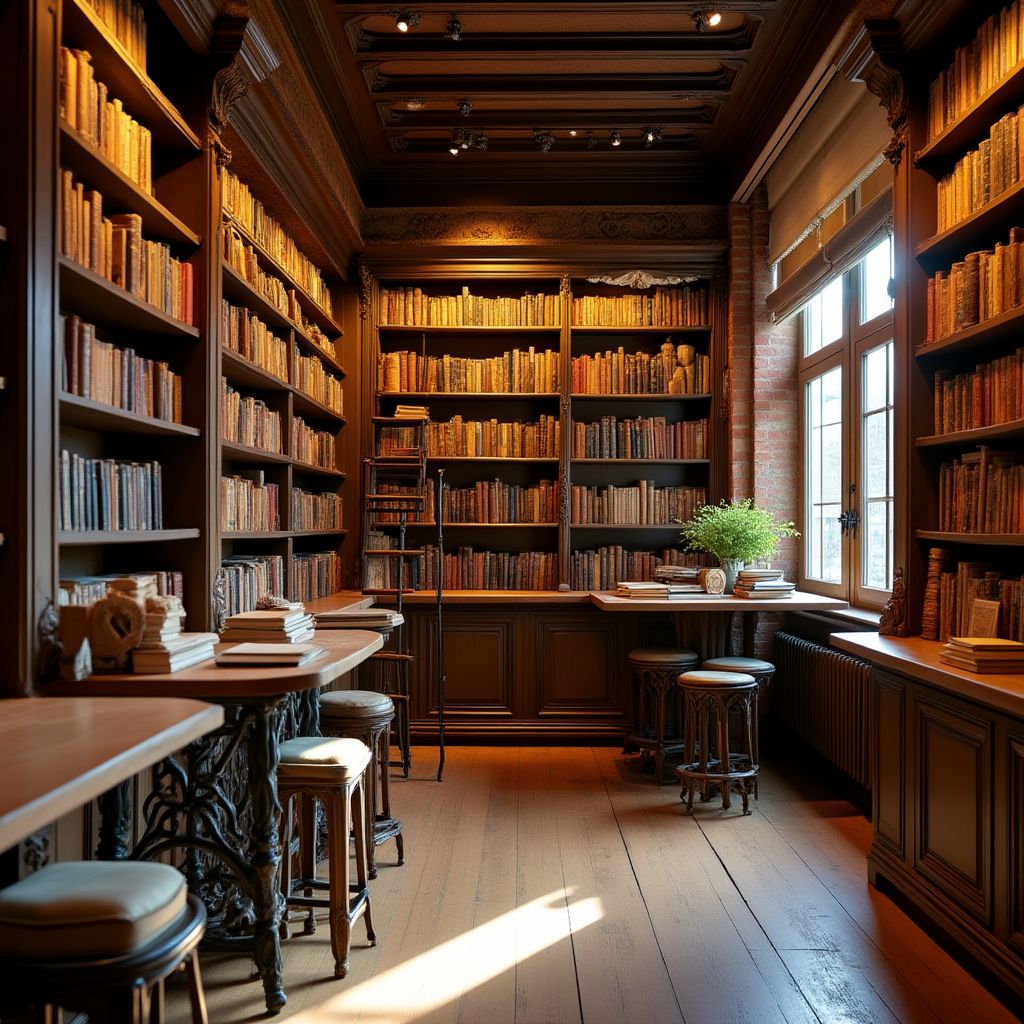 Intérieur de la librairie avec étagères anciennes